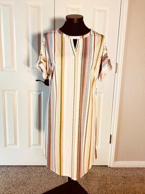 CURE Vertical Striped Midi Dress in Green, Blue, Orange, Pink. Size M. NWTGS